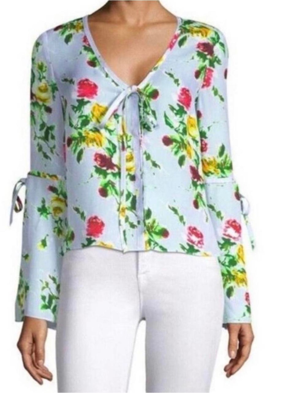 Milly 100% Silk Maggie Floral Tie-Front Blouse - Small